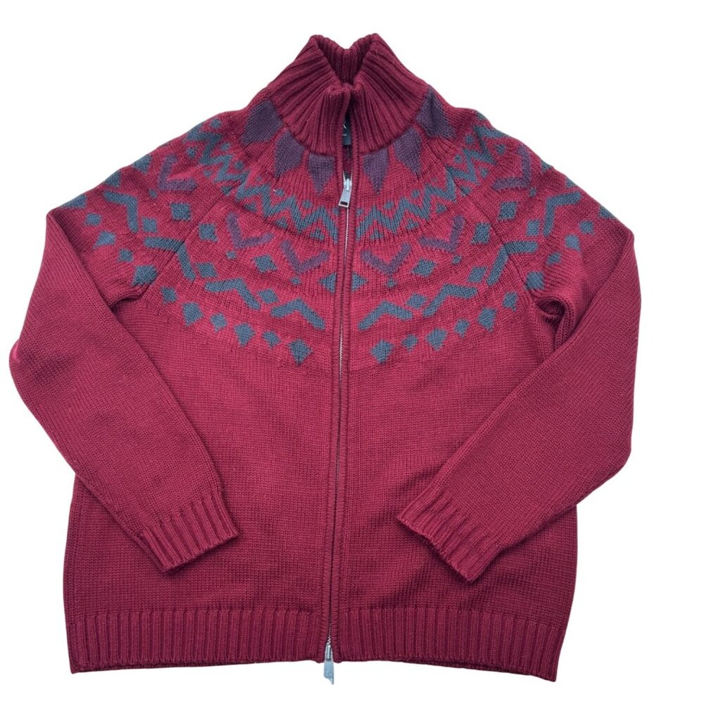 Armani Exchange Full-Zip Knit Sweater XXL Red Nordic Pattern Wool Blend Ribbed C